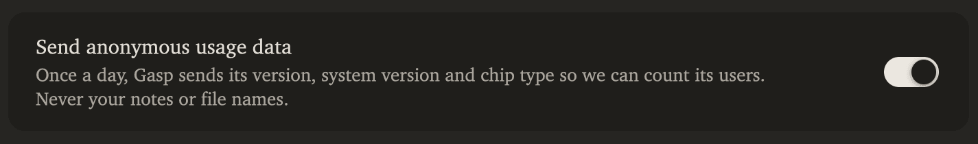 The Send anonymous usage data switch in Gasp's settings, turned on.