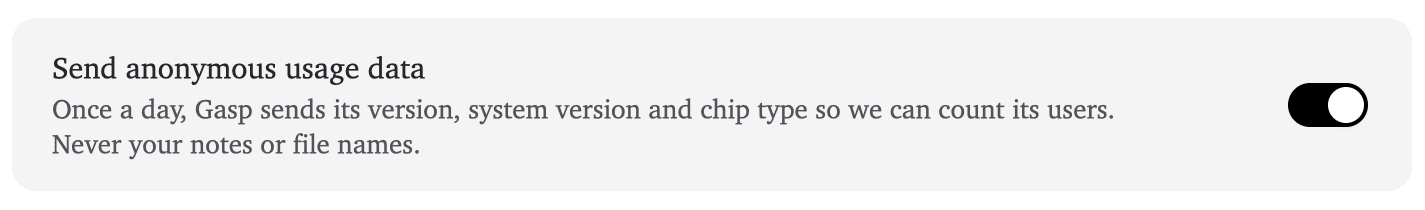 The Send anonymous usage data switch in Gasp's settings, turned on.