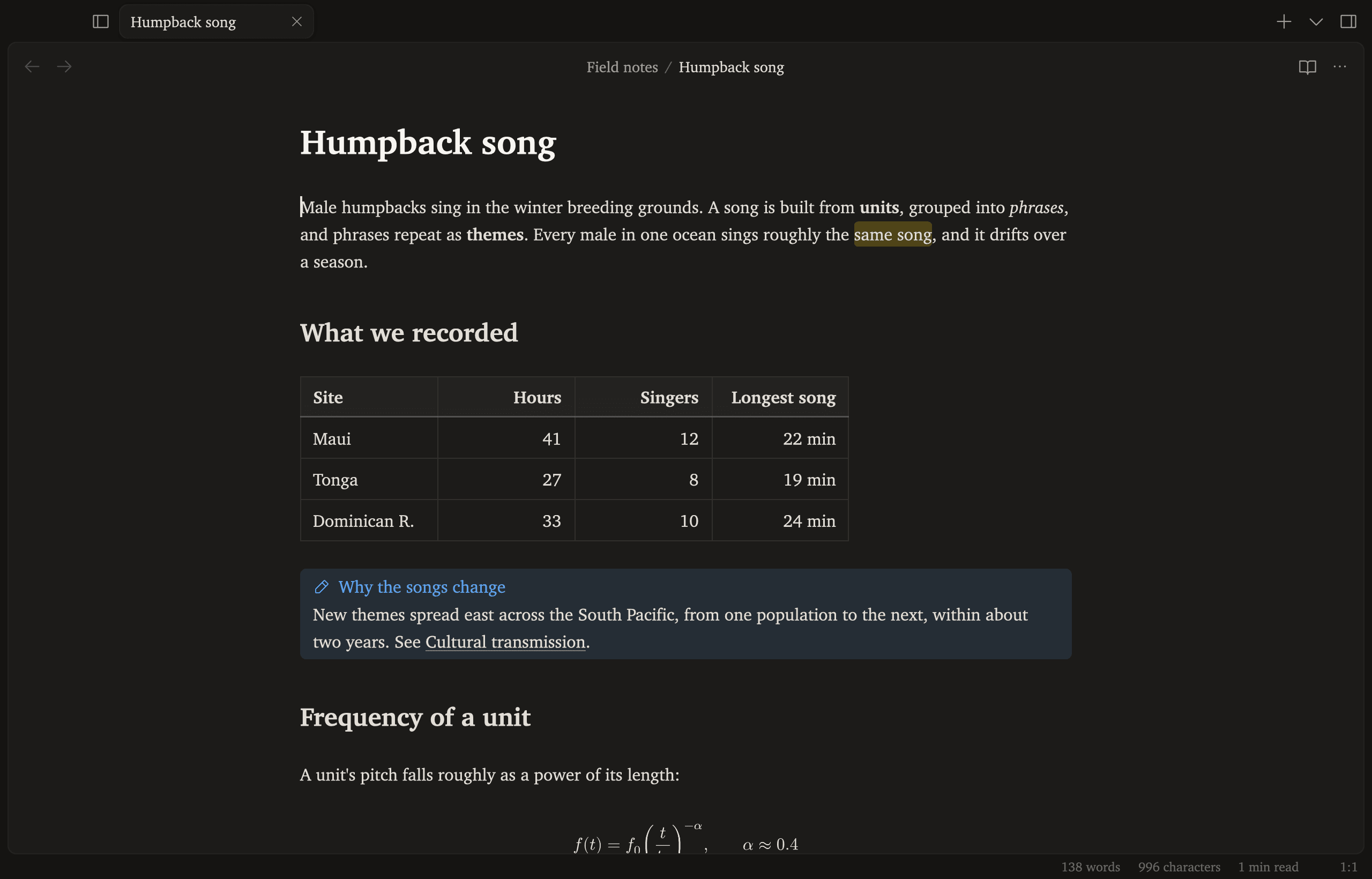 A note with a heading, a highlighted phrase, a table of recording sites and a note callout.