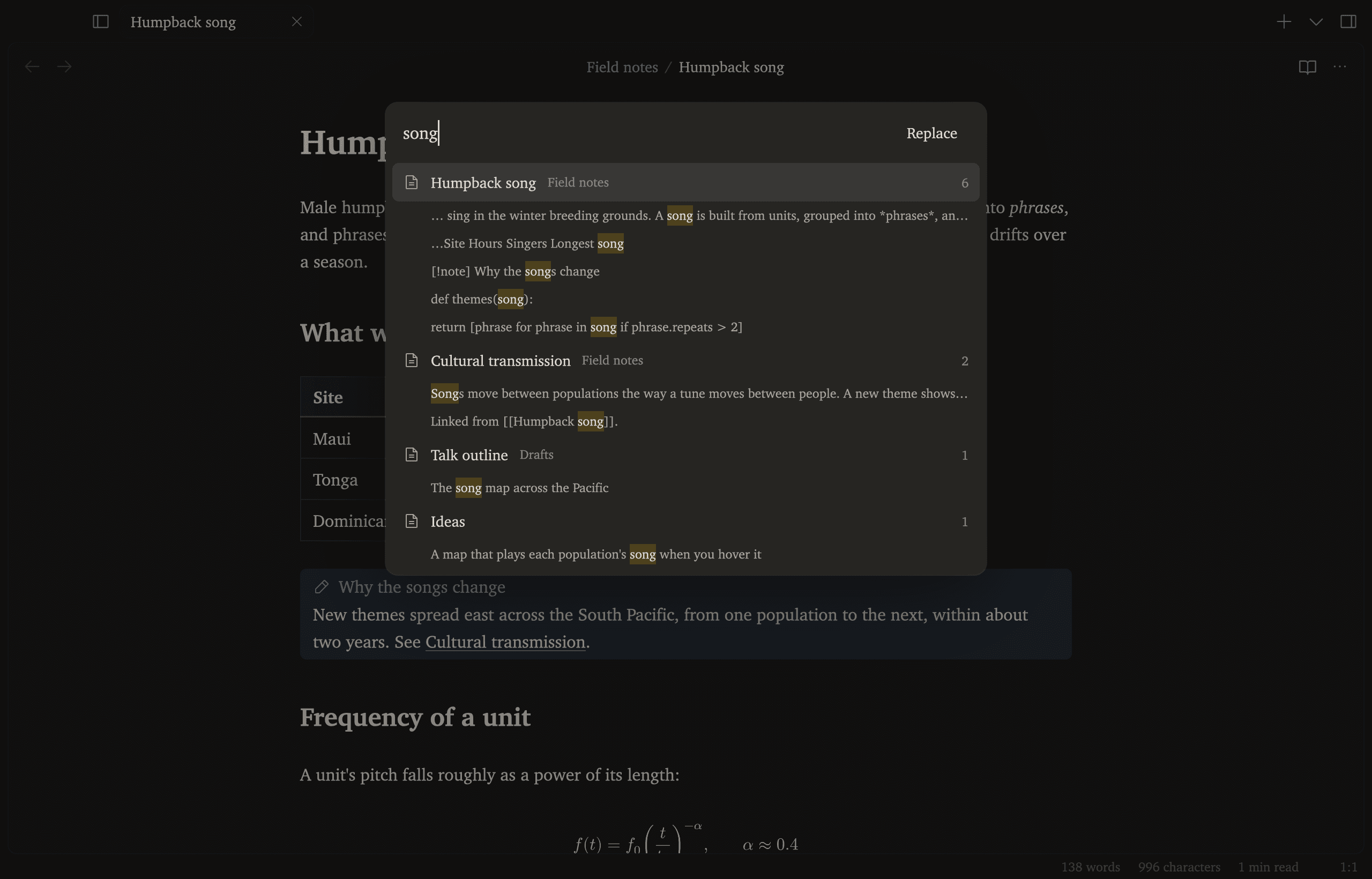 Vault search for the word song, listing four notes and the matching line from each.