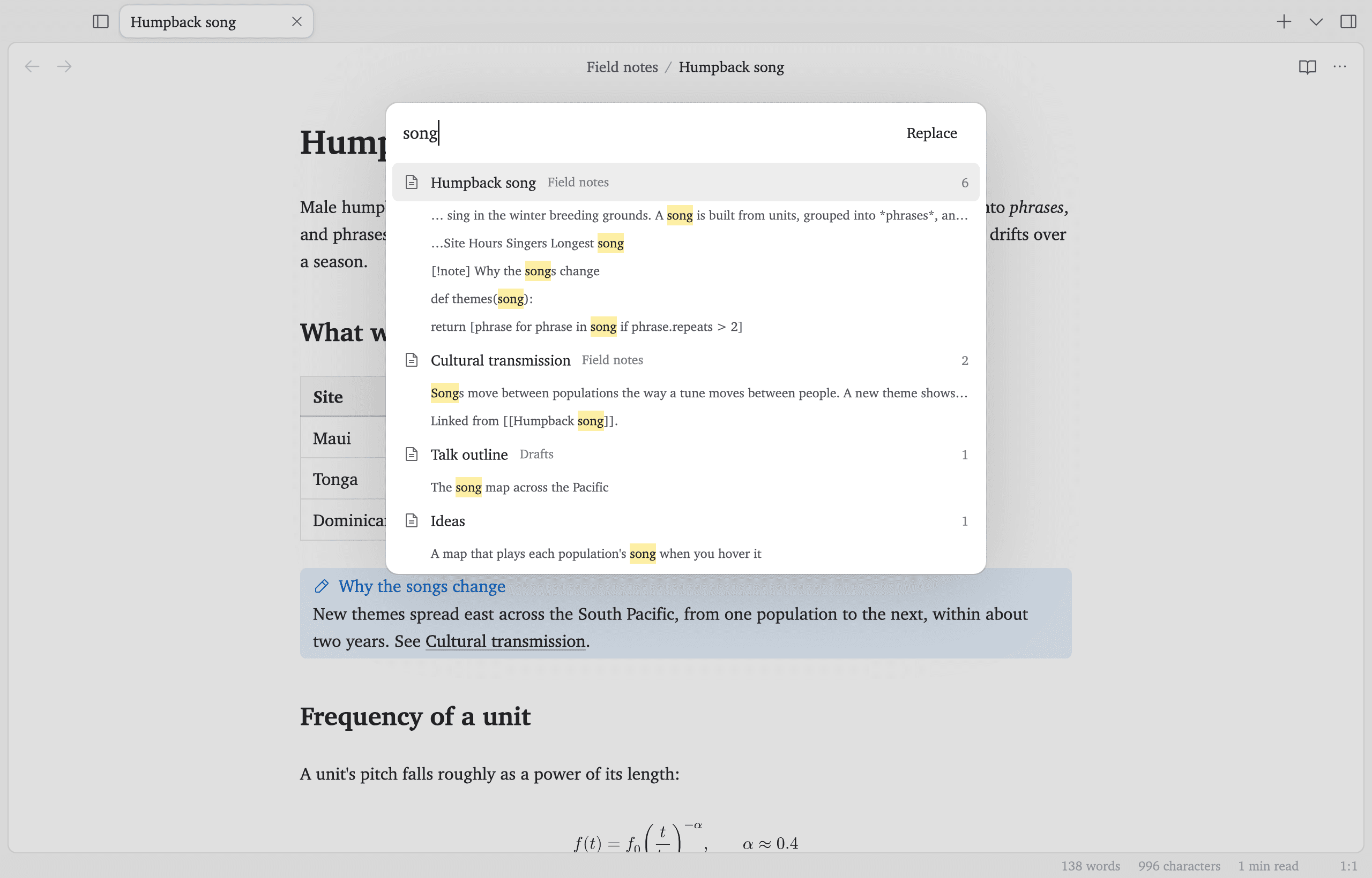 Vault search for the word song, listing four notes and the matching line from each.