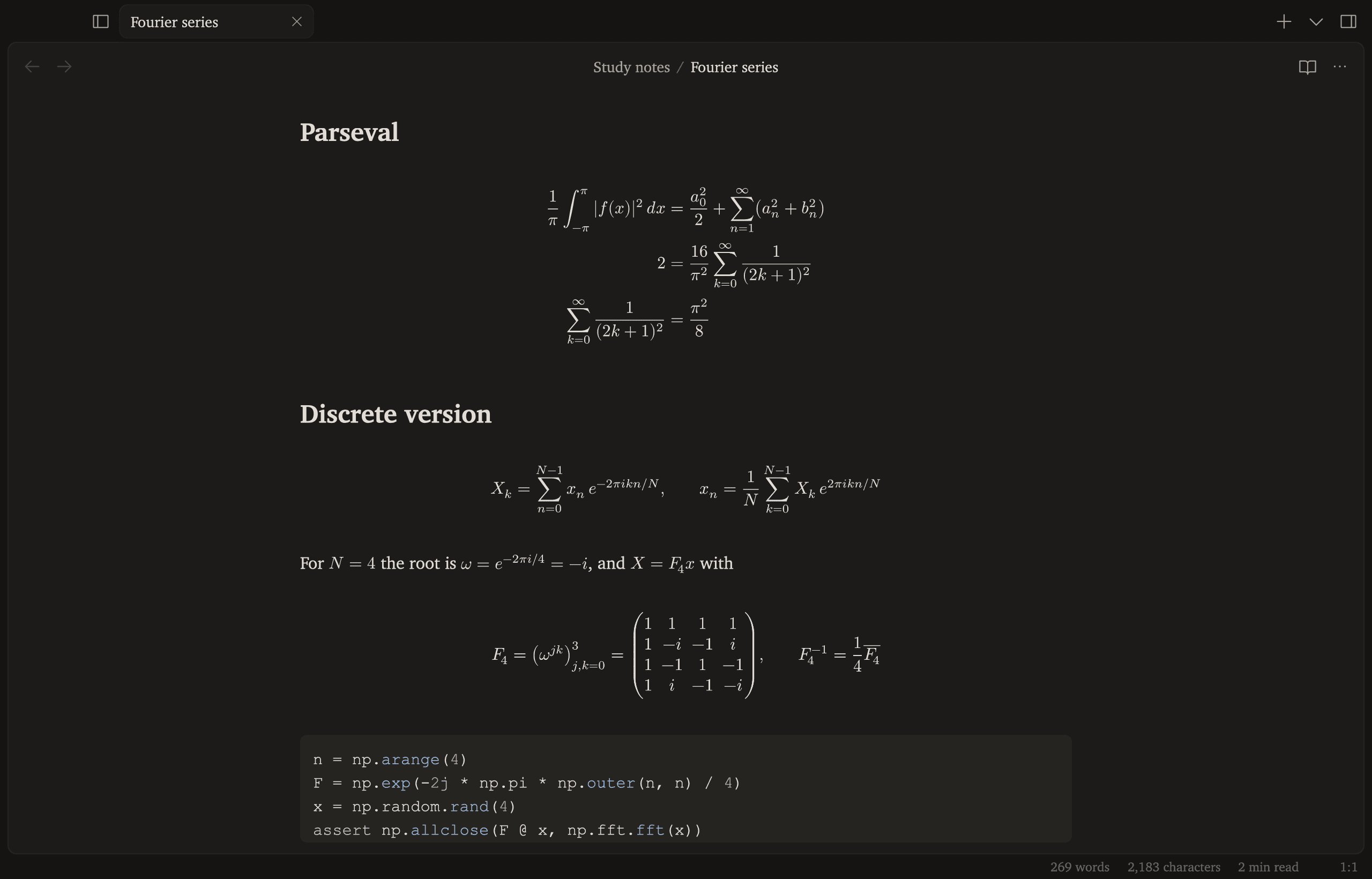 Fourier series study notes in Gasp: Parseval's identity worked down to π²/8, the discrete Fourier transform and its inverse, the 4×4 DFT matrix, and a short NumPy check.