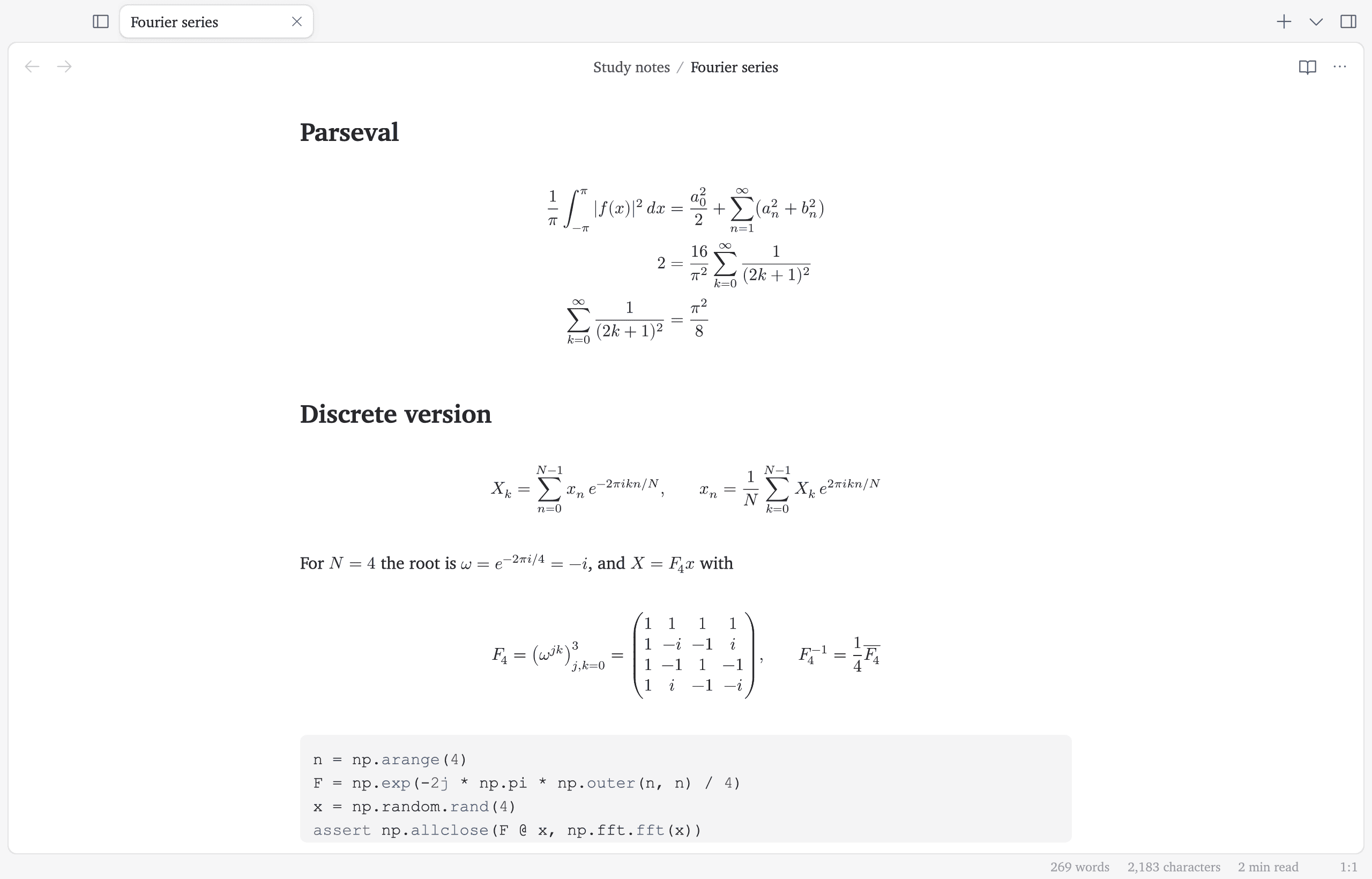 Fourier series study notes in Gasp: Parseval's identity worked down to π²/8, the discrete Fourier transform and its inverse, the 4×4 DFT matrix, and a short NumPy check.